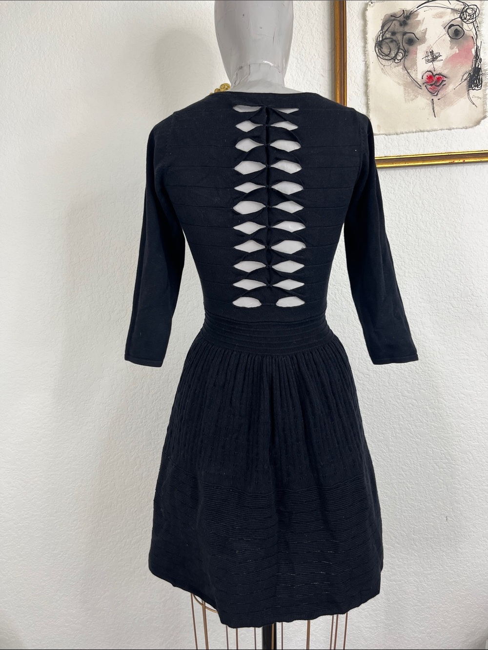 Sandro Paris Knit A Line Cut Out Bowtie Back Elbow Sleeve Swing Mini Dress